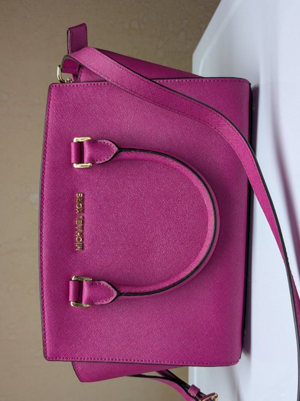 Michael Kors Fuschia Zip Top Leather Bag - Medium Saffiano Satchel